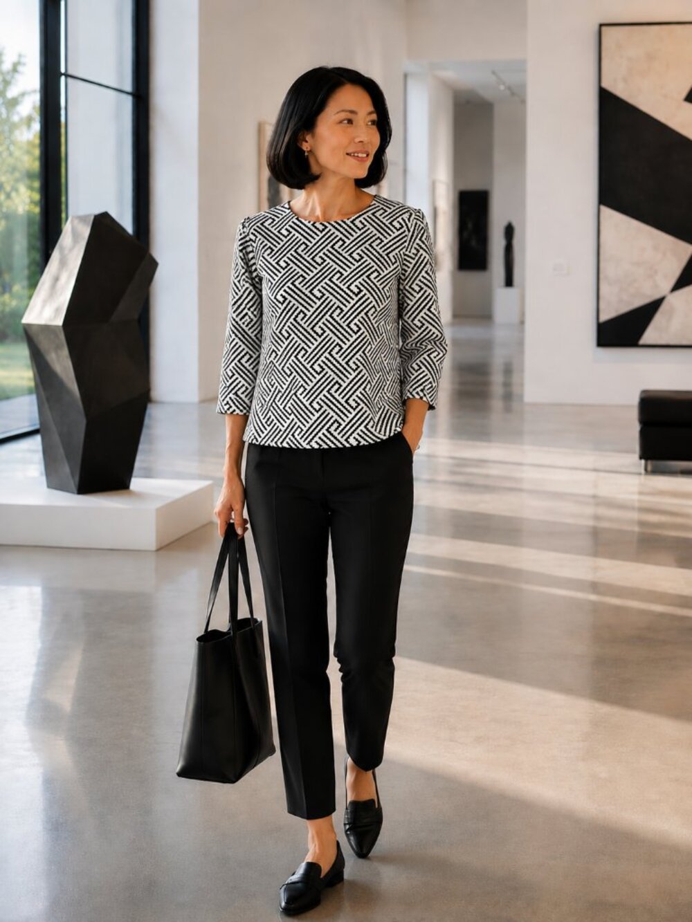 W5 Black White Geometric Textured Knit Top Size L